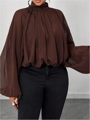 GORGLITTER Women's Plus Size Blouses Business Casual Fall Mesh Lantern Long Sleeve Mock Neck Work Office Shirt Tops in Saudi Arabia