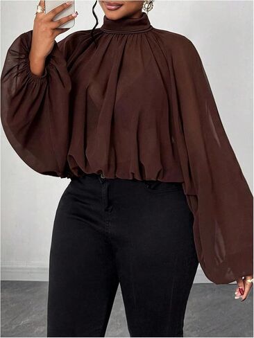 GORGLITTER Women's Plus Size Blouses Business Casual Fall Mesh Lantern Long Sleeve Mock Neck Work Office Shirt Tops in Saudi Arabia