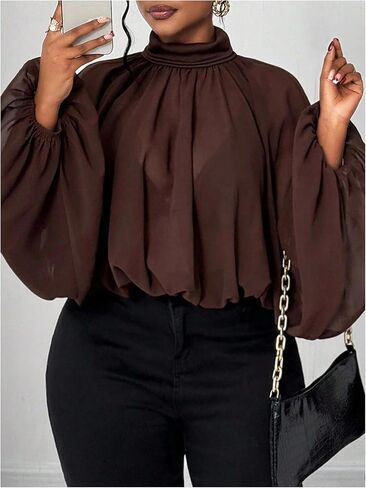 GORGLITTER Women's Plus Size Blouses Business Casual Fall Mesh Lantern Long Sleeve Mock Neck Work Office Shirt Tops in Saudi Arabia