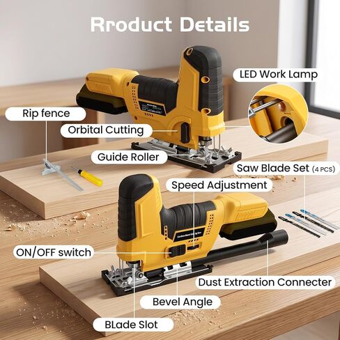 Jigsaw Cordless Compatible with DeWALT 20V MAX Battery, Barrel Grip Jig Saw Brushless, 7 Speed, 3 Orbital Settings, Vacuum Adapter, 45° Bevel Cutting, LED Light, Bare Tool for Wood, Plastic, Metal in Kuwait