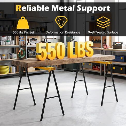 2-Pack Folding Sawhorses, Heavy-Duty Metal Saw Horses with Non-Slip Top, Pre-Drilled Holes & Carry Handle, Portable Work Stand for Woodworking, Carpenters & Contractors in Kuwait