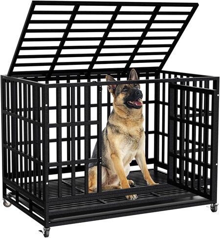 SHUSHIM 48 Inch Heavy Duty Dog Crate Kennel with Wheels, High Anxiety Indestructible Dog Crates for Large Dogs, XL XXL Extra Large Dog Crate with Removable Dog Cage Tray, Two Locks (Black, Square) in Saudi Arabia