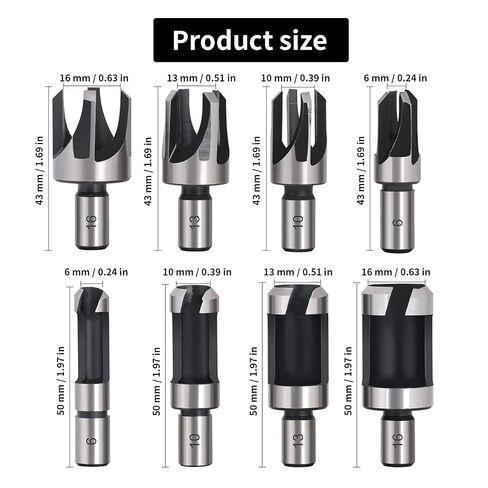 8Pcs Black Wood Plug Cutter Drill Bit Set, Straight and Tapered Plug Cutters for Woodworking, Hex Shank Wood PlugHole Cutter Set for DIY Woodworker (1/4", 3/8", 1/2", 5/8") in Kuwait