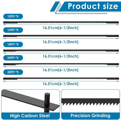 25 Pcs Coping Saw Blades Set 6-1/2 Inch Long Between Pins Sturdy Wood Cutting Saw Blades Kit High Carbon Steel Pin End Scroll Blade Assortment (10/15/18/24/28TPI) in Kuwait