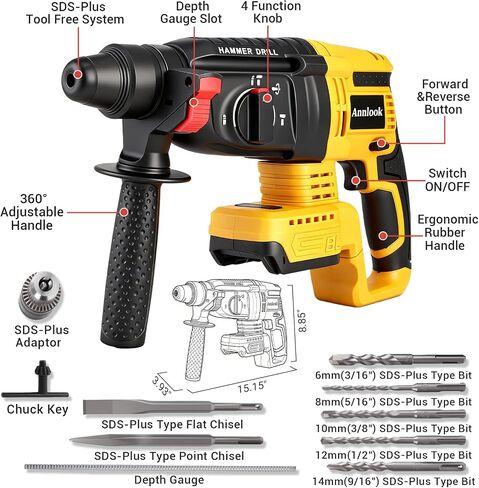 SDS-Plus Cordless Rotary Hammer Drill Compatible with DeWalt 20V MAX Battery (Tool Only), Hammer Drill for Concrete with 4 Functions, Rotomartillo Brushless Motor Includes 5 Drill Bits, 2 Chisels in Kuwait