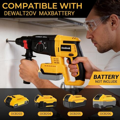 SDS-Plus Cordless Rotary Hammer Drill Compatible with DeWalt 20V MAX Battery (Tool Only), Hammer Drill for Concrete with 4 Functions, Rotomartillo Brushless Motor Includes 5 Drill Bits, 2 Chisels in Kuwait
