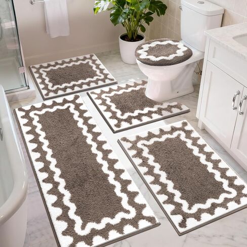 Findosom Bathroom Rugs Sets 5 Piece, Absorbent Soft Non-Slip Washable Microfiber Shaggy Bath Mat Set with Bathroom Runner Rug, U-Shaped Toilet Rugs, Shower Rug & Toilet Lid Cover, Pink-White in Saudi Arabia