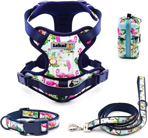 Dog Harness Collar 5ft Leash Poop Bag Holder Set, Reflective Adjustable No-Pull Dog Vest Harness with Safety Lock Easy Control Handle, for Small Medium Large Dogs 4pcs-L-Green in Saudi Arabia