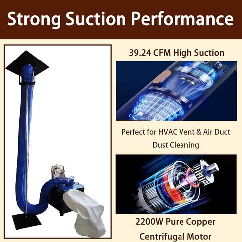 Industrial Air Duct Dust Collector, 39.24 CFM High Suction, HVAC Duct Vacuum Cleaner, 2200 W Pure Copper Motor, Air Duct Cleaning Machine, 16.4 ft Extended Hose, 110 V/220 V in Kuwait
