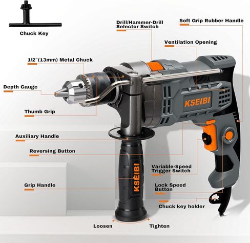 KSEIBI Hammer Drill 7.5 Amp, 1/2 Inch All-Metal Keyed Chuck, Corded Electric Impact Drill, Variable Speed 0-3000 RPM with Side Handle & Depth Gauge — Drills Concrete, Brick, Metal, Wood & Masonry in Kuwait