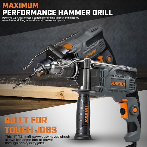 KSEIBI Hammer Drill 7.5 Amp, 1/2 Inch All-Metal Keyed Chuck, Corded Electric Impact Drill, Variable Speed 0-3000 RPM with Side Handle & Depth Gauge — Drills Concrete, Brick, Metal, Wood & Masonry in Kuwait