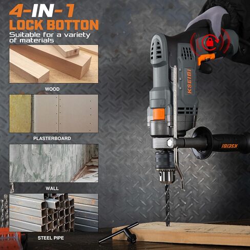 KSEIBI Hammer Drill 7.5 Amp, 1/2 Inch All-Metal Keyed Chuck, Corded Electric Impact Drill, Variable Speed 0-3000 RPM with Side Handle & Depth Gauge — Drills Concrete, Brick, Metal, Wood & Masonry in Kuwait