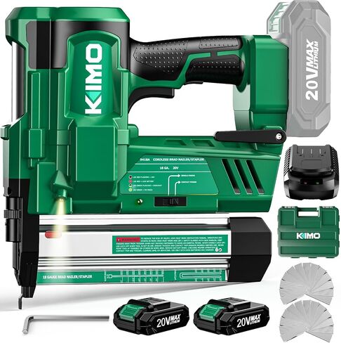 KIMO Brushless Brad Nailer Cordless, 180 Nails/min, Adjustable Depth, 2 Firing Modes, Safety Lock, 1000pcs 18 Gauge Nails & Staples, 2 in 1 Stapler and Nail Gun Cordless with battery 2*2.0Ah for DIY in Kuwait