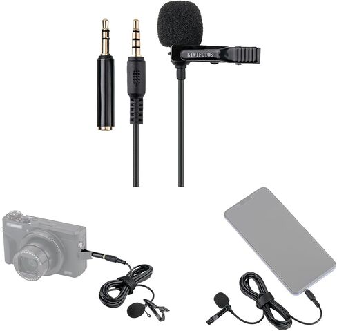 ميكروفون Lavalier مزدوج الرأس لـ Fuji Fujifilm X-T5 X-T4 X-T3 X-S10 X-T200 X-E4 X-H1 GFX 50R GFX 50S GFX 50S II، Canon T8i T7i T6s T6i T5i 80D SL3، نيكون D3500 D3300 D7500 D5600 والمزيد in Saudi Arabia