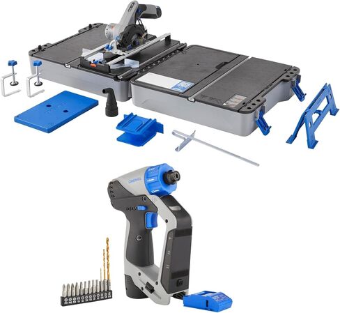 Dremel Blueprint 12V Bundle - Portable Saw Station with Brushless Compact Circular and Multi-Purpose Cutting Case + 3in1 Cordless Drill Driver with Integrated Stud Finder and Detachable Laser Level in Kuwait