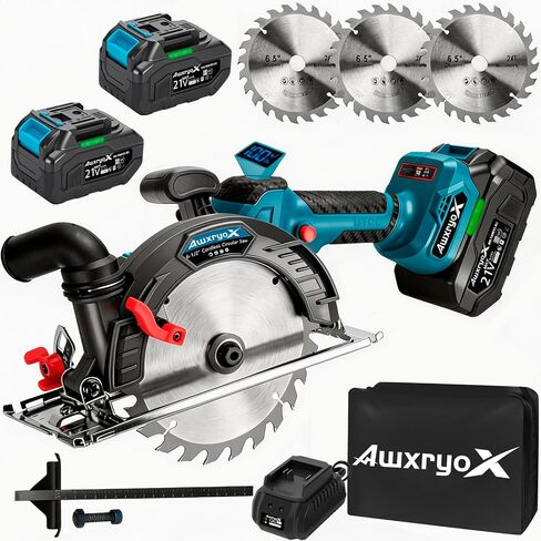 AwxryoX 6-1/2" Cordless Circular Saw,Brushless Sierra Circular with 2 x 6.0Ah Battery & 3 Blade,Electric Hand Circle Saw 0-45° Cutting Bevel,Max Cut Depth 2-1/4"(90°),1-7/16" (45°) for Wood Metal PVC in Kuwait