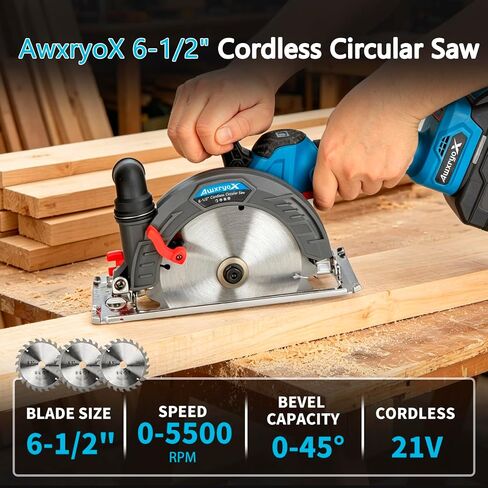 AwxryoX 6-1/2" Cordless Circular Saw,Brushless Sierra Circular with 2 x 6.0Ah Battery & 3 Blade,Electric Hand Circle Saw 0-45° Cutting Bevel,Max Cut Depth 2-1/4"(90°),1-7/16" (45°) for Wood Metal PVC in Kuwait