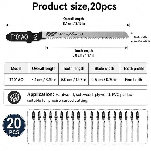 20 PCS T101AO T-Shank Jigsaw Blades, 3.2 Inches Jig Saw Bladefor Wood High Carbon Steel 20 Tpi Curved Fine Finish for Metal Plastic Wood Cutting in Kuwait