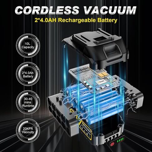Cordless Shop Vac,3000W Brushless Motor,2x4.0Ah Battery Powered Shop Vac - 3-in-1 Wet Dry Vacuum Wet and Dry with HEPA Filter,Shoulder Strap & Accessory Storage Holder,Portable for Garage,Workshop,Car in Kuwait