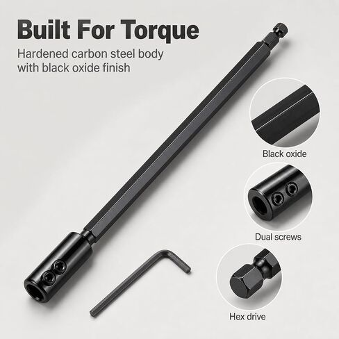 QWORK 12-Inch Hole Saw Extension, 1/2 Inch Hex Shank Drill Bit Extension – Heavy Duty Reach for 3/8" to 7/16" Arbors – Deep Hole Drilling in Wood, Metal & Masonry in Kuwait