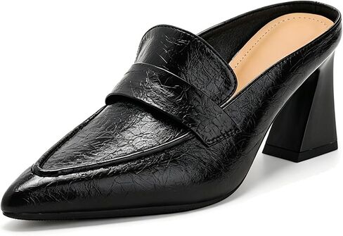 Women's Pointed Toe Block Heel Loafer Mules Crinkled Patent Mid Heel Slides | Vintage Faux Leather Closed Toe Comfortable Slip On 3 Inch Chunky Heeled Mules Backless Pumps for Office Business in Kuwait