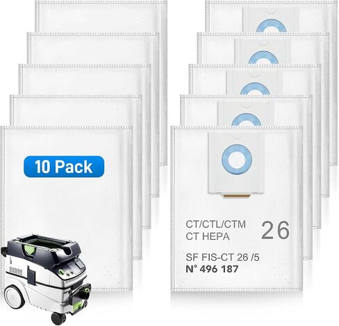 10 Pack 496187 Selfclean Filter Bags For Festool CT 26, CTL 26, CTM 26 | Dust Extractors Vacuum Bags for Festool Dust Collector, Large Capacity Vac Bags Easy to Trap Dust, Sawdust&Wood Chip in Kuwait