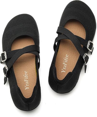 Women's Knit Mary Jane Flats Round Toe Slip On Ballet Shoes 3 Styles Elastic Strap Pearl Buckle Cross Adjustable Strap Breathable Soft Cushioned Non Slip Casual Work Daily Walking Flat Shoes in Kuwait