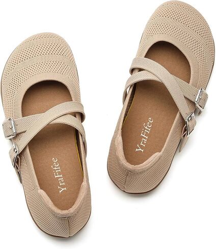 Women's Knit Mary Jane Flats Round Toe Slip On Ballet Shoes 3 Styles Elastic Strap Pearl Buckle Cross Adjustable Strap Breathable Soft Cushioned Non Slip Casual Work Daily Walking Flat Shoes in Kuwait