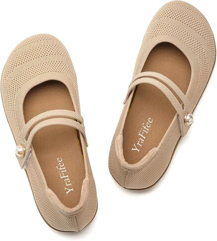 Women's Knit Mary Jane Flats Round Toe Slip On Ballet Shoes 3 Styles Elastic Strap Pearl Buckle Cross Adjustable Strap Breathable Soft Cushioned Non Slip Casual Work Daily Walking Flat Shoes in Kuwait