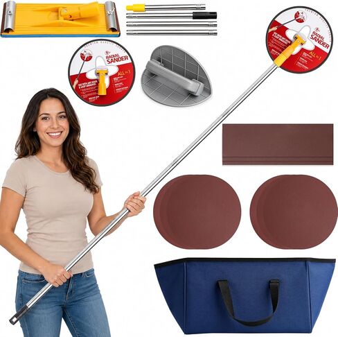 Drywall Pole Sander Kit, 12-50 Inch Adjustable Extension Pole with 360° Radial Swivel Head, drywall corner sander, Includes 9 Pcs Sandpaper Discs for Popcorn Ceiling Removal & Painting Prep in Kuwait