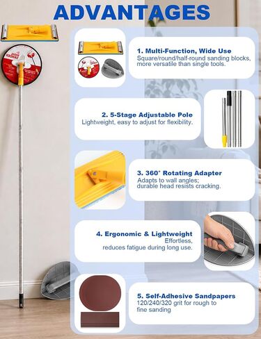 Drywall Pole Sander Kit, 12-50 Inch Adjustable Extension Pole with 360° Radial Swivel Head, drywall corner sander, Includes 9 Pcs Sandpaper Discs for Popcorn Ceiling Removal & Painting Prep in Kuwait