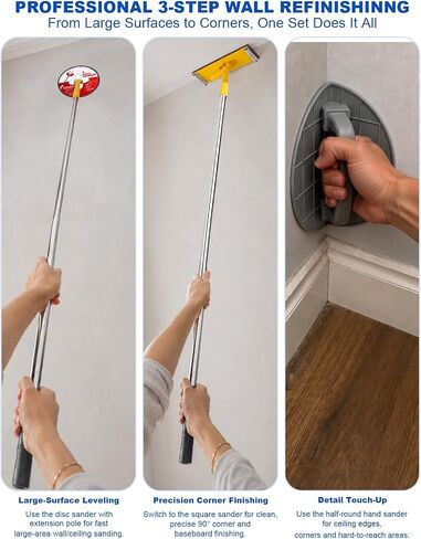 Drywall Pole Sander Kit, 12-50 Inch Adjustable Extension Pole with 360° Radial Swivel Head, drywall corner sander, Includes 9 Pcs Sandpaper Discs for Popcorn Ceiling Removal & Painting Prep in Kuwait