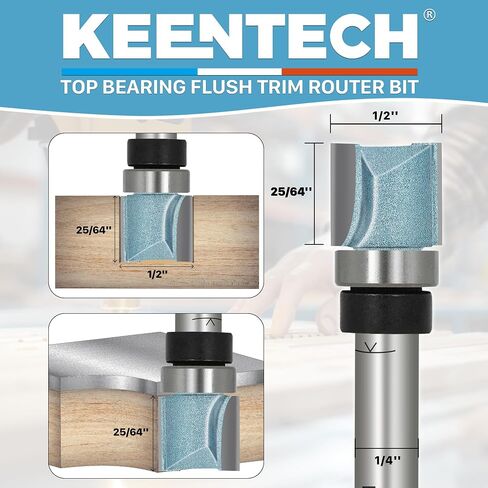 KEENTECH Flush Trim Router Bit, 1/4" Shank x 1/2" Dia x 25/64" Depth | 10X Lifespan, Pattern Bit, Top Bearing, Industrial Grade, Tungsten Carbide Tipped, Woodworking in Kuwait