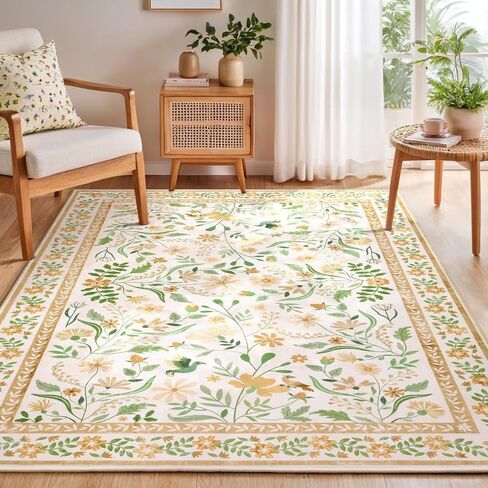 SHACOS 6x9 Floral Area Rugs for Living Room, Machine Washable Vintage Boho Rugs for Bedroom, Non Slip Soft Floral Low-Pile Nursery Carpet for Kids Room Dining Room Entryway Indoor, Beige in Saudi Arabia
