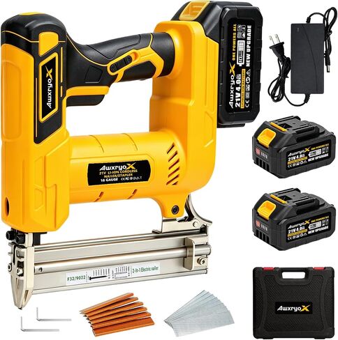 AwxryoX Cordless Brad Nailer, 2-in-1 18 Gauge Electric Nail Gun, 21V Rechargeable Portable Nailer Kit with 2×4.0Ah Batteries, 1000PCS Staples and Nails, for Woodworking, Furniture Repair & DIY in Kuwait