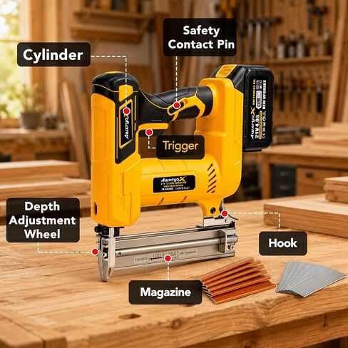 AwxryoX Cordless Brad Nailer, 2-in-1 18 Gauge Electric Nail Gun, 21V Rechargeable Portable Nailer Kit with 2×4.0Ah Batteries, 1000PCS Staples and Nails, for Woodworking, Furniture Repair & DIY in Kuwait
