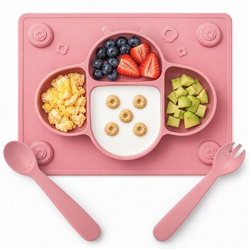 Suction Plates for Baby placemat Spoon Fork Set for Toddlers, Silicone Baby Plates with Suction Baby Dishes for Kids Plates-Dusty blue in Saudi Arabia
