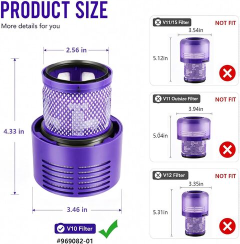 V10 Filter Replacement Compatible for Dyson Cyclone V10 Animal, V10 Absolute, V10 Total Clean, SV12, SV27, Washable HEPA Filter Replacements Part No. 969082-01, 2 Pack+Brush in Kuwait
