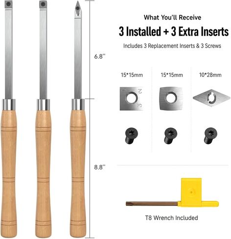 3PCS Carbide Wood Lathe Turning Tools Set, Wood Handle Pen Turning Tools with 3 Extra Replacement Inserts, Rougher Detailer Finisher for Small Bowls, Goblets, Knobs and Woodworking Projects in Kuwait