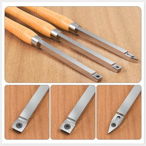 3PCS Carbide Wood Lathe Turning Tools Set, Wood Handle Pen Turning Tools with 3 Extra Replacement Inserts, Rougher Detailer Finisher for Small Bowls, Goblets, Knobs and Woodworking Projects in Kuwait