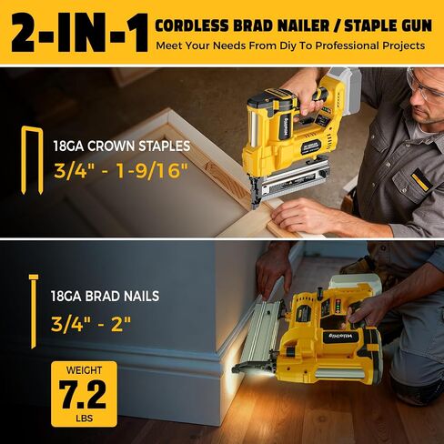 MtiolHig Cordless 2Inch Brad Nailer Compatible with Dewalt 20V Battery, 2-in-1 Staple Gun, 18 Gauge Nail Gun Battery Powered with 1000 Nails for Wood Carpentry, 7.2LB (Tool only) 2026 New Version in Saudi Arabia