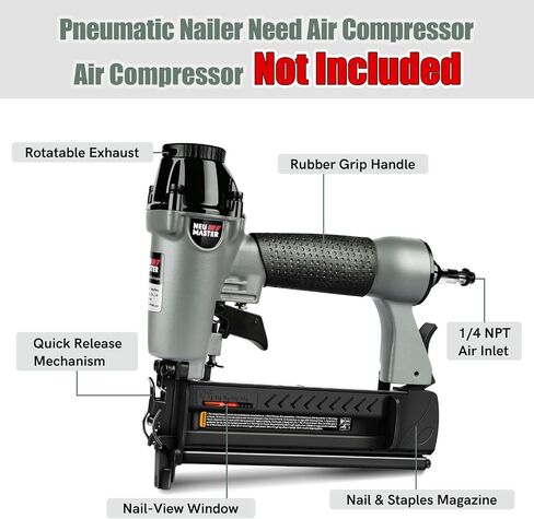 NEU Master Pneumatic Brad Nailer, 2 in 1 Nail Gun Staple Gun Fires 18 Gauge 2 Inch Brad Nails and Crown 1-5/8 Inch Staples with Carrying Case (Used with Air Compressor) (Renewed) in Kuwait