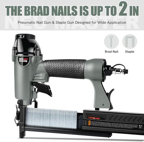 NEU Master Pneumatic Brad Nailer, 2 in 1 Nail Gun Staple Gun Fires 18 Gauge 2 Inch Brad Nails and Crown 1-5/8 Inch Staples with Carrying Case (Used with Air Compressor) (Renewed) in Kuwait