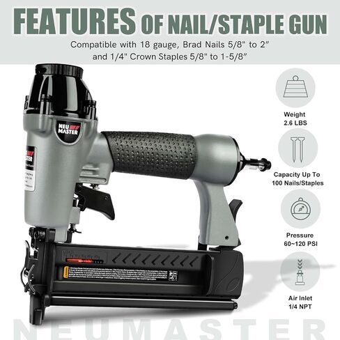 NEU Master Pneumatic Brad Nailer, 2 in 1 Nail Gun Staple Gun Fires 18 Gauge 2 Inch Brad Nails and Crown 1-5/8 Inch Staples with Carrying Case (Used with Air Compressor) (Renewed) in Kuwait