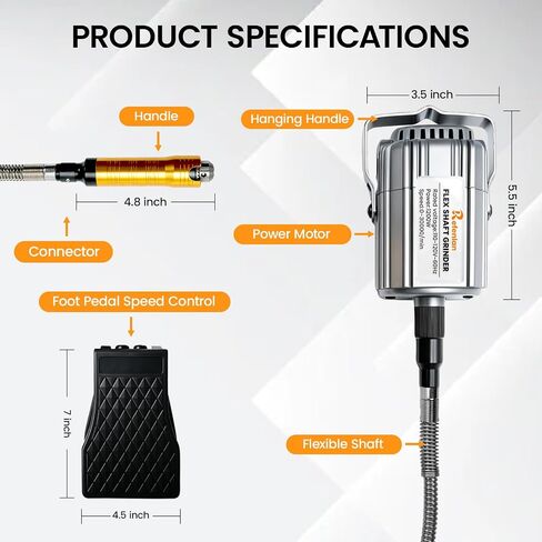 1200W Flex Shaft Rotary Tool, 30000 RPM Variable Speed Flex Shaf Grinder, Universal Adjustable Chuck, Hanging Foot Pedal Control, 46Pcs Accessories for Carving, Polishing, Grinding in Kuwait