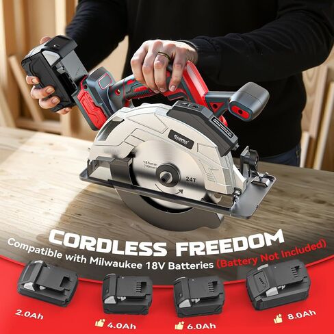 Ecarke 7-1/4" Cordless Circular Saw, Compatible with Milwaukee 18V Battery (Tool Only), Electric Circular Saw with Laser Guide, 5000RPM, 0–45° Bevel, 2-1/4" Cutting Depth, Includes 2 Blades (24T&40T) in Kuwait