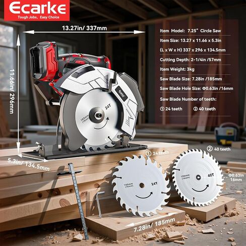 Ecarke 7-1/4" Cordless Circular Saw, Compatible with Milwaukee 18V Battery (Tool Only), Electric Circular Saw with Laser Guide, 5000RPM, 0–45° Bevel, 2-1/4" Cutting Depth, Includes 2 Blades (24T&40T) in Kuwait