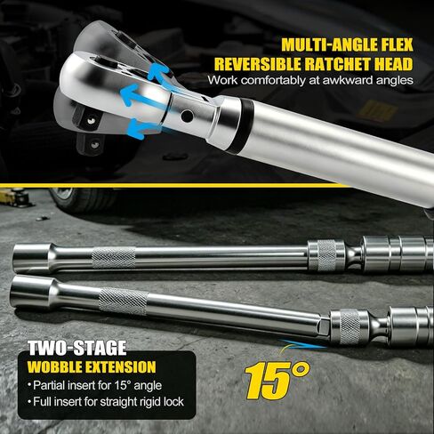 3/8" Drive digital torque wrench with flex head Set (10-100 ft-lb) | Professional Electronic, Buzzer & LED, 14mm/16mm Spark Plug Sockets, Adapters & 2-Stage Extension Bar in Kuwait