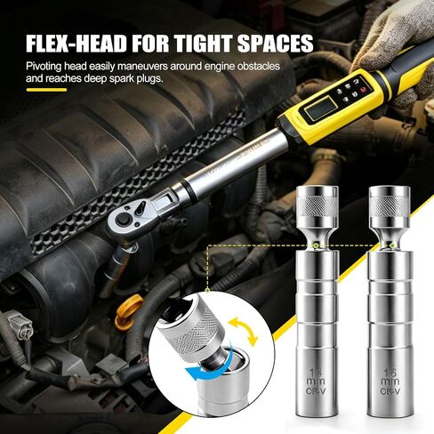 3/8" Drive digital torque wrench with flex head Set (10-100 ft-lb) | Professional Electronic, Buzzer & LED, 14mm/16mm Spark Plug Sockets, Adapters & 2-Stage Extension Bar in Kuwait