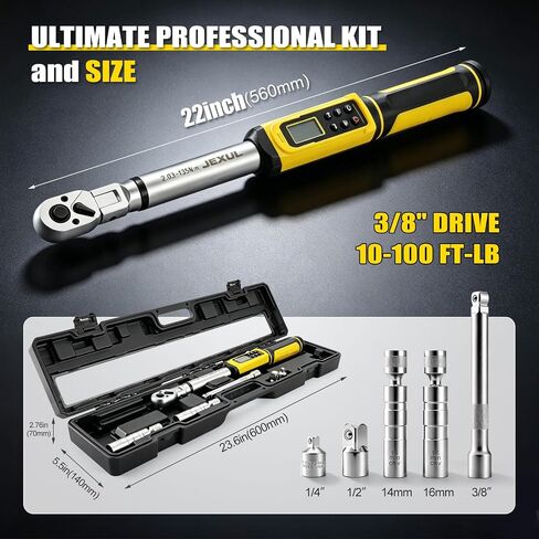 3/8" Drive digital torque wrench with flex head Set (10-100 ft-lb) | Professional Electronic, Buzzer & LED, 14mm/16mm Spark Plug Sockets, Adapters & 2-Stage Extension Bar in Kuwait